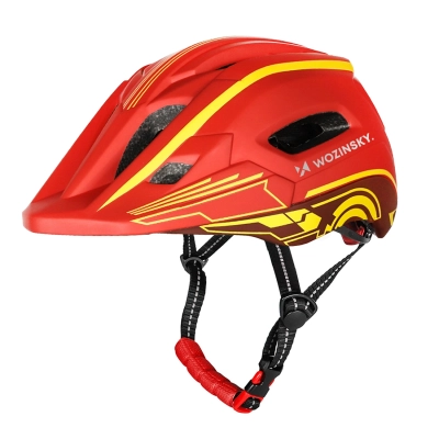 Kask rowerowy fullface dziecięcy Wozinsky z tylną lampką USB 52-56 cm - czerwono-żółty