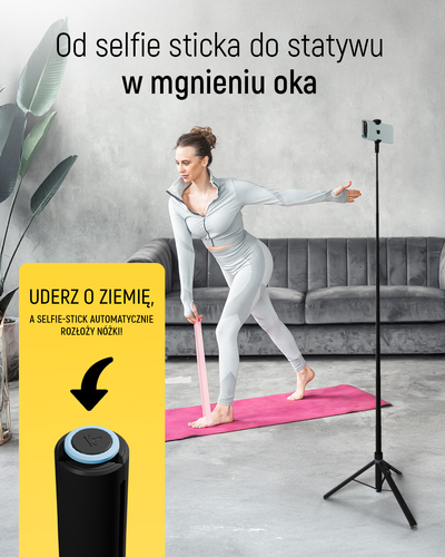 Premium selfie stick Wozinsky WRZP1 z automatycznie rozkładanymi nóżkami, funkcja statywu, 1,7m - czarny