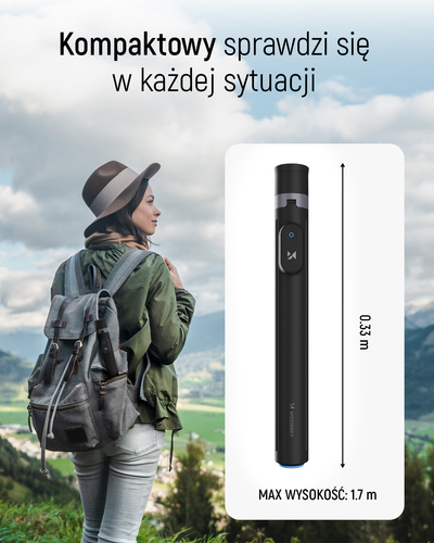 Premium selfie stick Wozinsky WRZP1 z automatycznie rozkładanymi nóżkami, funkcja statywu, 1,7m - czarny