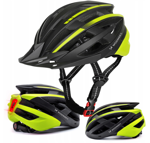 Kask rowerowy MTB Wozinsky z odpinanym daszkiem i tylną lampką USB 54-57 cm - czarno-żółty