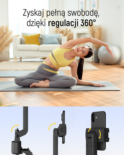 Premium selfie stick Wozinsky WST-360YS z funkcją statywu z automatycznym śledzeniem twarzy 360° AI sterowanie gestami - czarny