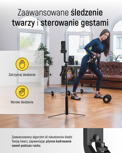 Premium selfie stick Wozinsky WST-360YS z funkcją statywu z automatycznym śledzeniem twarzy 360° AI sterowanie gestami - czarny