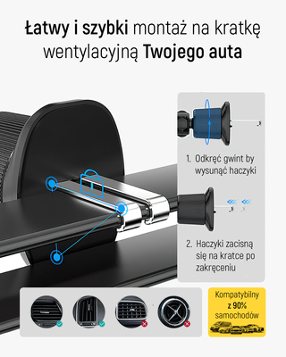 Uchwyt samochodowy Wozinsky WCT5-Q6S2Y z ładowarką indukcyjną Qi/MagSafe 15W na kratkę wentylacji z wentylatorem - czarny