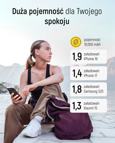 Powerbank Wozinsky WLWP-10KA0Y3S 22,5W PD Qi2 10000 mAh, z podstawką, 1x USB-A, 1x USB-C - czarny