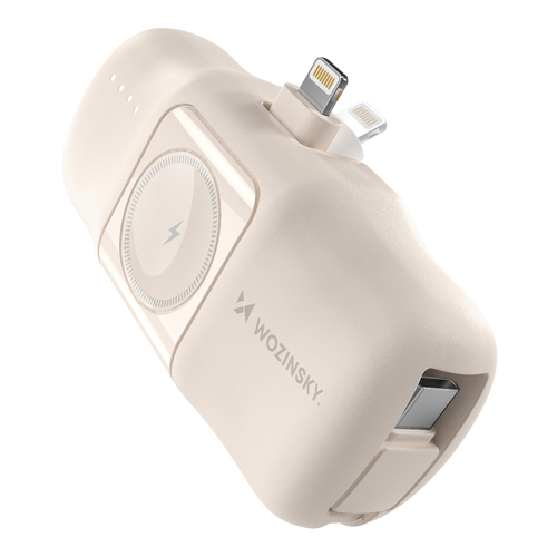 Mini powerbank Wozinsky WF16-YLS 5000mAh 15W Lightning z wbudowanym kablem USB-C i ładowarką do Apple Watch - beżowy