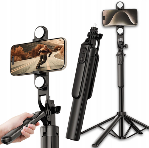 Wozinsky Selfie stick WH181D-Y1S teleskopowy statyw 1.75m ze stopu aluminium z podwójną lampą i uchwytem na telefon - czarny