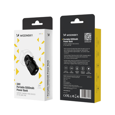 Mini powerbank Wozinsky WF16-YLS 5000mAh 15W Lightning z wbudowanym kablem USB-C i ładowarką do Apple Watch - czarny