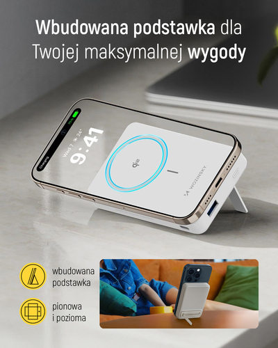 Powerbank Wozinsky WLWP-10KA0Y3WS 22,5W PD Qi2 10000 mAh, z podstawką, 1x USB-A, 1x USB-C - biały