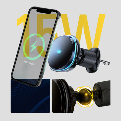 Uchwyt samochodowy Wozinsky WCT5-Q6S2Y z ładowarką indukcyjną Qi/MagSafe 15W na kratkę wentylacji z wentylatorem - czarny