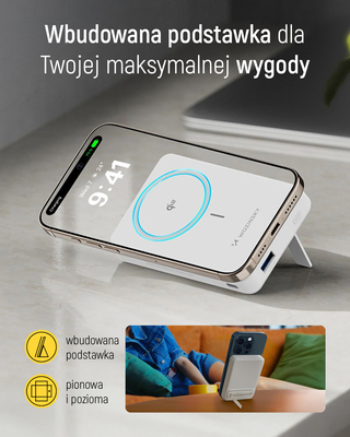 Powerbank Wozinsky WLWP-10KA0Y3WS 22,5W PD Qi2 10000 mAh, z podstawką, 1x USB-A, 1x USB-C - biały