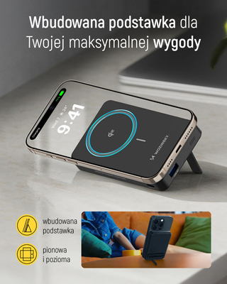 Powerbank Wozinsky WLWP-10KA0Y3S 22,5W PD Qi2 10000 mAh, z podstawką, 1x USB-A, 1x USB-C - czarny