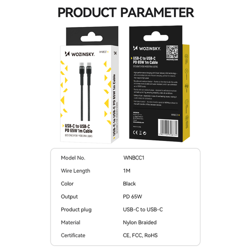 Kabel Wozinsky WNBCC1 USB-C / USB-C PD 65W 1 m - czarny
