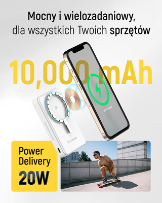 Powerbank Wozinsky WLWP-10KA0Y3WS 22,5W PD Qi2 10000 mAh, z podstawką, 1x USB-A, 1x USB-C - biały