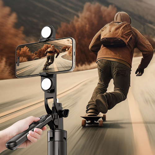 Wozinsky Selfie stick WH181D-Y1S teleskopowy statyw 1.75m ze stopu aluminium z podwójną lampą i uchwytem na telefon - czarny