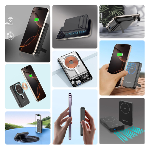 Powerbank Wozinsky WLWP-10KA0Y3S 22,5W PD Qi2 10000 mAh, z podstawką, 1x USB-A, 1x USB-C - czarny