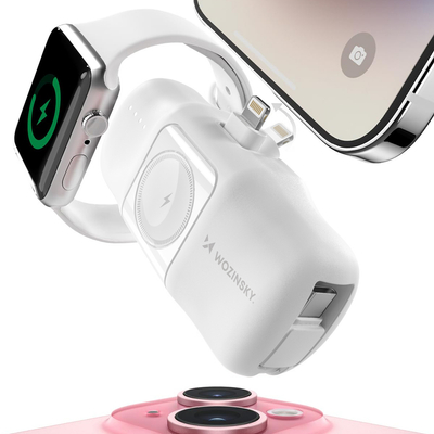 Mini powerbank Wozinsky WF16-YLS 5000mAh 15W Lightning z wbudowanym kablem USB-C i ładowarką do Apple Watch - biały