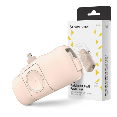 Mini powerbank Wozinsky WF16-YLS 5000mAh 15W Lightning z wbudowanym kablem USB-C i ładowarką do Apple Watch - beżowy