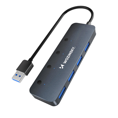 Hub USB-A Wozinsky WHS080YSS 4 x USB-A 3.0 z indywidualnymi włącznikami, aluminowy, z kablem 15 cm - szary