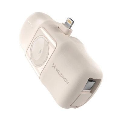 Mini powerbank Wozinsky WF16-YLS 5000mAh 15W Lightning z wbudowanym kablem USB-C i ładowarką do Apple Watch - beżowy