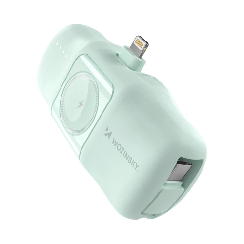 Mini powerbank Wozinsky WF16-YLS 5000mAh 15W Lightning z wbudowanym kablem USB-C i ładowarką do Apple Watch - zielony