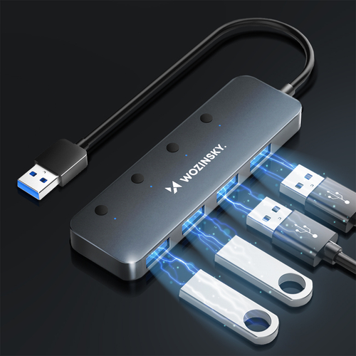 Hub USB-A Wozinsky WHS080YSS 4 x USB-A 3.0 z indywidualnymi włącznikami, aluminiowy, z kablem 15 cm - szary