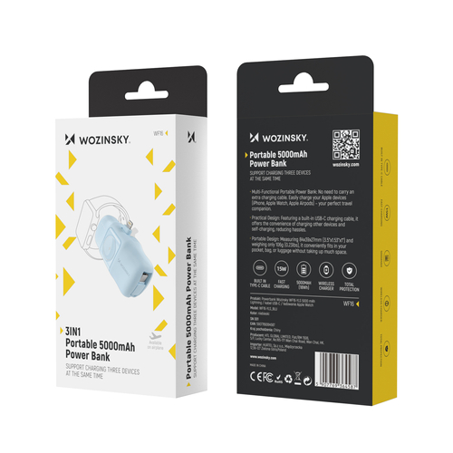 Mini powerbank Wozinsky WF16-YLS 5000mAh 15W Lightning z wbudowanym kablem USB-C i ładowarką do Apple Watch - niebieski