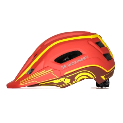 Kask rowerowy fullface dziecięcy Wozinsky z tylną lampką USB 52-56 cm - czerwono-żółty
