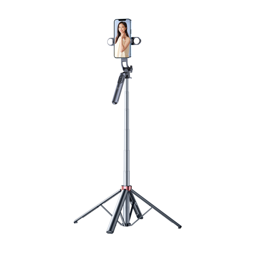 Wozinsky Selfie stick WH181D-Y1S teleskopowy statyw 1.75m ze stopu aluminium z podwójną lampą i uchwytem na telefon - czarny