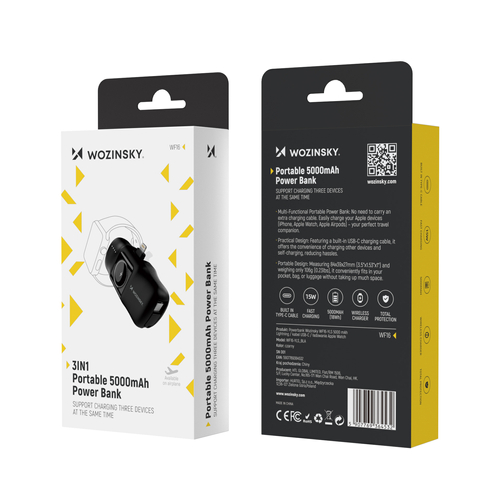 Mini powerbank Wozinsky WF16-YLS 5000mAh 15W Lightning z wbudowanym kablem USB-C i ładowarką do Apple Watch - czarny