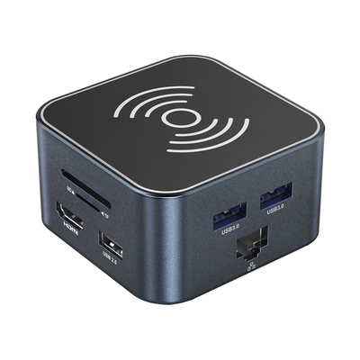 Hub USB-C 12 w 1 Wozinsky WHBC09Y8S wielofunkcyjny,z funkcją ładowania bezprzewodowego, aluminiowy, z kablem 15 cm - szary