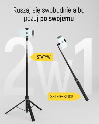 Premium selfie stick Wozinsky WRZP1 z automatycznie rozkładanymi nóżkami, funkcja statywu, 1,7m - czarny