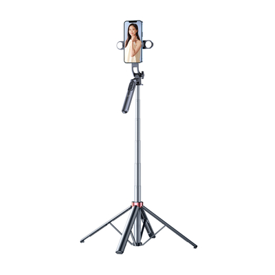Wozinsky Selfie stick WH181D-Y1S teleskopowy statyw 1.75m ze stopu aluminium z podwójną lampą i uchwytem na telefon - czarny