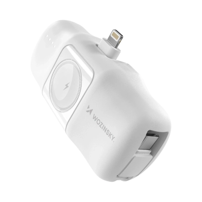 Mini powerbank Wozinsky WF16-YLS 5000mAh 15W Lightning z wbudowanym kablem USB-C i ładowarką do Apple Watch - biały