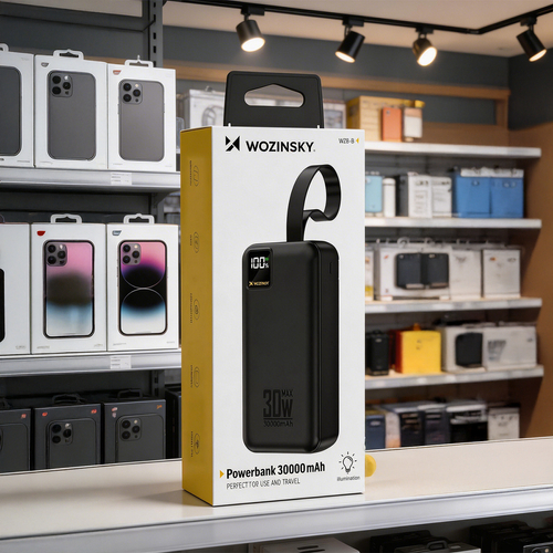 Powerbank Wozinsky W8-W 30000 mAh 30 W 2x USB-A i USB-C z latarką - czarny