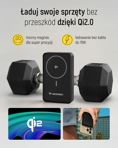 Powerbank Wozinsky WLWP-10KA0Y3S 22,5W PD Qi2 10000 mAh, z podstawką, 1x USB-A, 1x USB-C - czarny