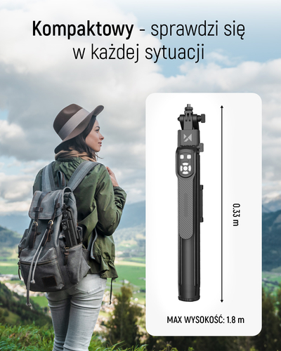 Premium selfie stick Wozinsky WST-360YS z funkcją statywu z automatycznym śledzeniem twarzy 360° AI sterowanie gestami - czarny
