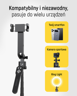Premium selfie stick Wozinsky WST-360YS z funkcją statywu z automatycznym śledzeniem twarzy 360° AI sterowanie gestami - czarny 