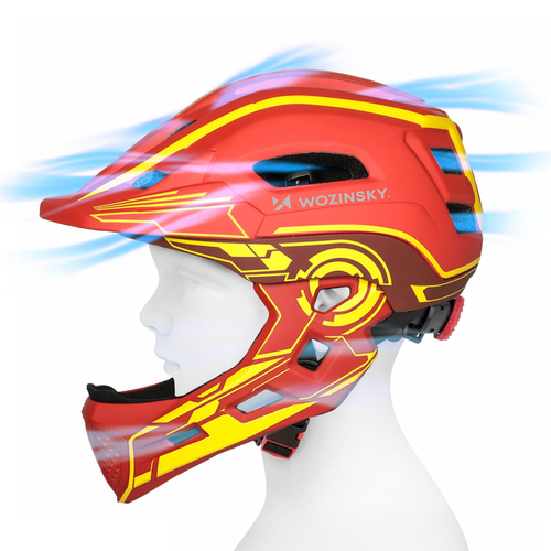 Kask rowerowy fullface dziecięcy Wozinsky z tylną lampką USB 52-56 cm - czerwono-żółty