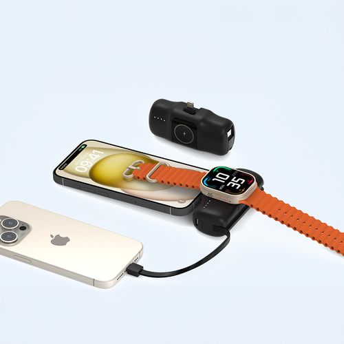 Mini powerbank Wozinsky WF16-YLS 5000mAh 15W Lightning z wbudowanym kablem USB-C i ładowarką do Apple Watch - czarny