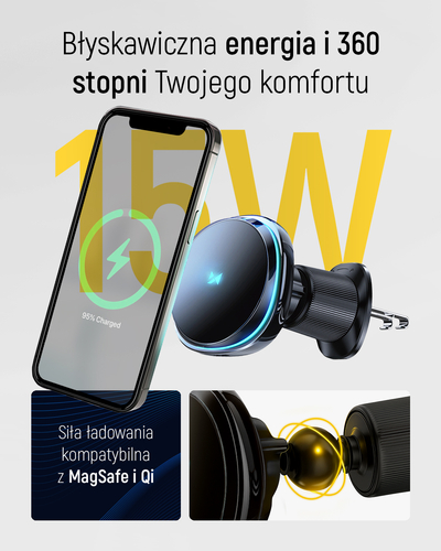 Uchwyt samochodowy Wozinsky WCT5-Q6S2Y z ładowarką indukcyjną Qi/MagSafe 15W na kratkę wentylacji z wentylatorem - czarny