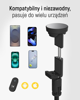 Premium selfie stick Wozinsky WRZP1 z automatycznie rozkładanymi nóżkami, funkcja statywu, 1,7m - czarny