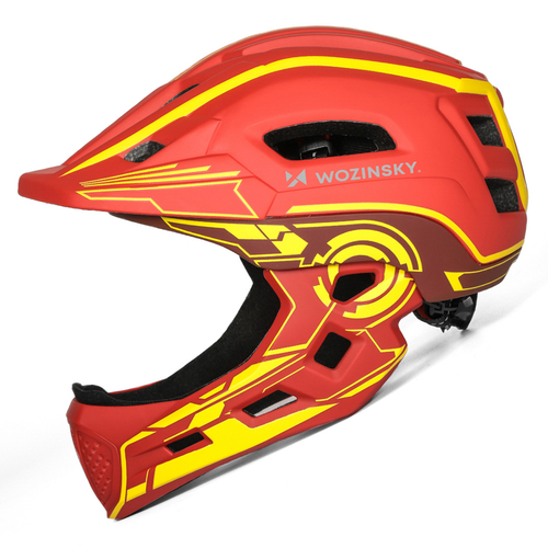 Kask rowerowy fullface dziecięcy Wozinsky z tylną lampką USB 52-56 cm - czerwono-żółty