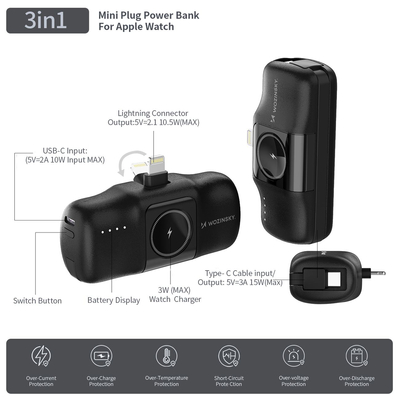 Mini powerbank Wozinsky WF16-YLS 5000mAh 15W Lightning z wbudowanym kablem USB-C i ładowarką do Apple Watch - czarny