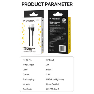 Kabel Wozinsky WNBAL2 USB-A / Lightning 2.4A 2 m - czarny