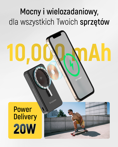 Powerbank Wozinsky WLWP-10KA0Y3S 22,5W PD Qi2 10000 mAh, z podstawką, 1x USB-A, 1x USB-C - czarny