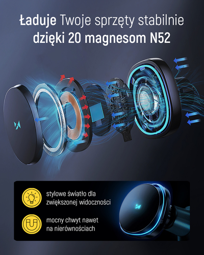 Uchwyt samochodowy Wozinsky WCT5-Q6S2Y z ładowarką indukcyjną Qi/MagSafe 15W na kratkę wentylacji z wentylatorem - czarny