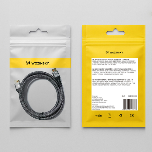 Kabel Wozinsky WPS-16AYL1S DisplayPort 2.1 80 Gb/s 16K@60Hz 8K@120Hz 4K@240Hz HDR HDCP DSC 1m - czarny
