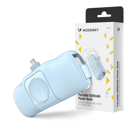 Mini powerbank Wozinsky WF16-YLS 5000mAh 15W Lightning z wbudowanym kablem USB-C i ładowarką do Apple Watch - niebieski