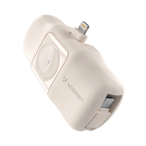 Mini powerbank Wozinsky WF16-YLS 5000mAh 15W Lightning z wbudowanym kablem USB-C i ładowarką do Apple Watch - beżowy