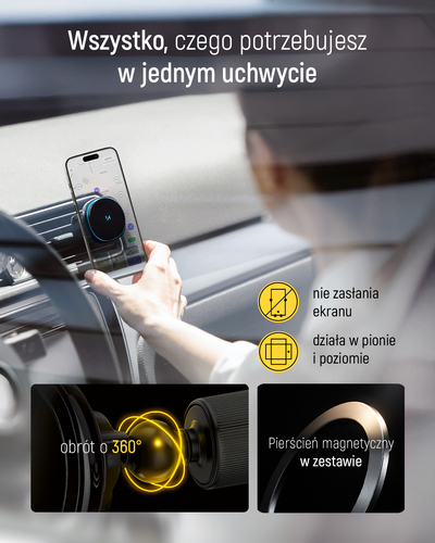 Uchwyt samochodowy Wozinsky WCT5-Q6S2Y z ładowarką indukcyjną Qi/MagSafe 15W na kratkę wentylacji z wentylatorem - czarny